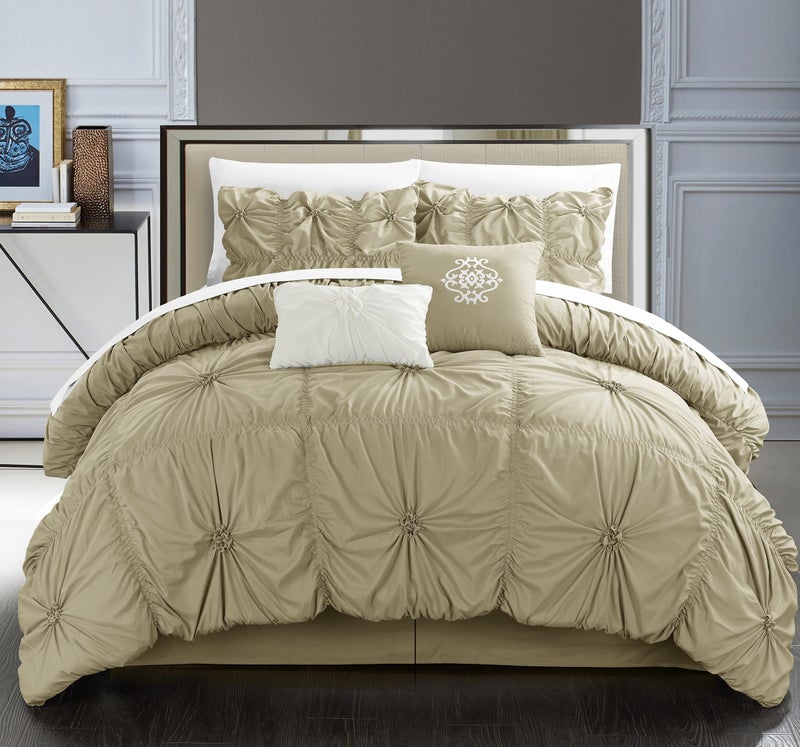 Chic Home Taupe Bed in a Bag Comforter Set, King Size (6 Piece), Halpert - Pintuck Pinch Pleat Microfiber Bedding - Shams, Bed Skirt, Flat & Fitted Sheet, Pillowcases, Breakfast & Decorative Pillow - Image 2